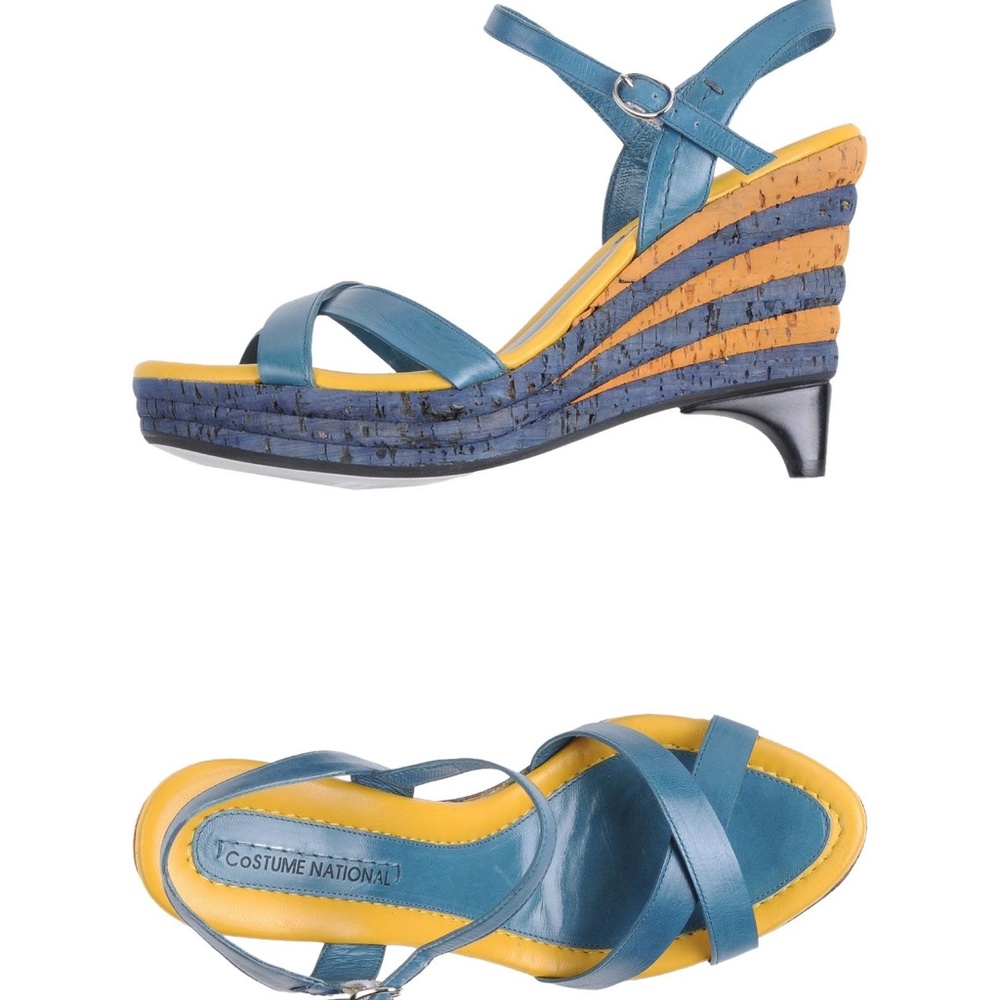 NIB Costume National yellow/ teal wedge sandals
